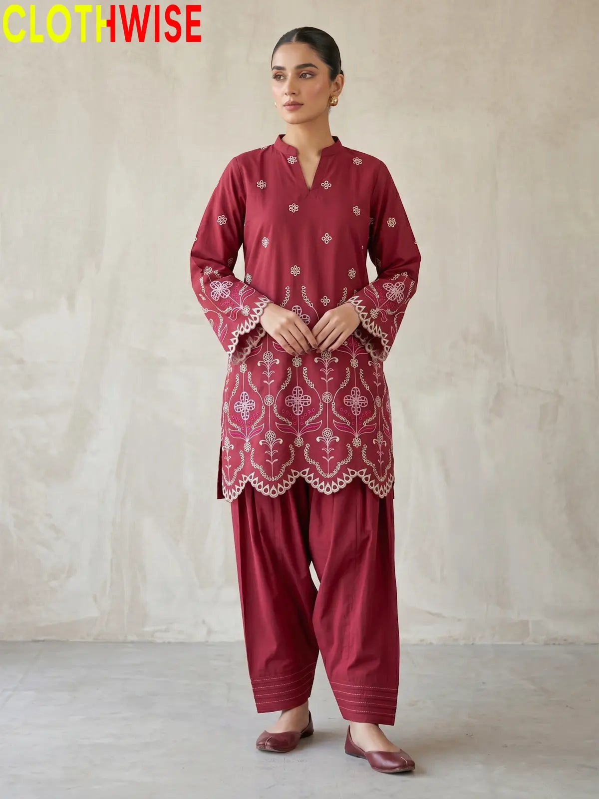 Adaa Laser Embroidered 2-Piece Lawn Co-ord Set – Maroon - Pakistani Women Pret | CLOTHWISE