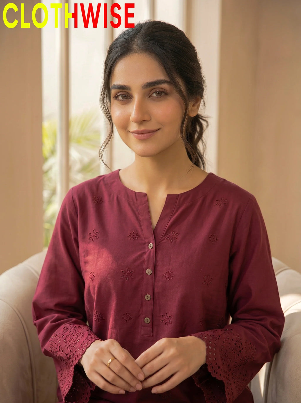 Tabeer Maroon suit close-up of chikankari embroidery and cutwork daman detailing | Clothwise