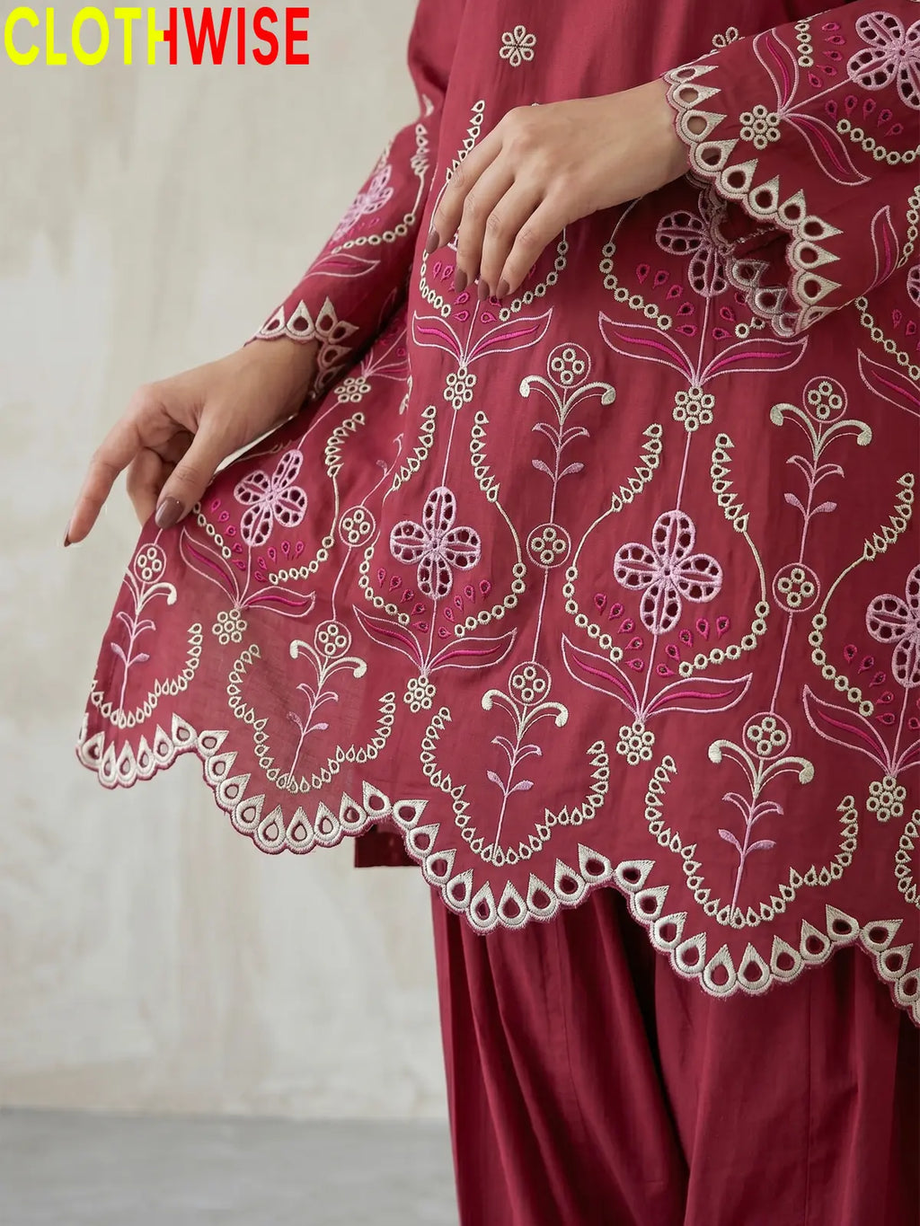 Adaa Maroon Farshi Shalwar Suit – Closeup Daman Embroidery Detail