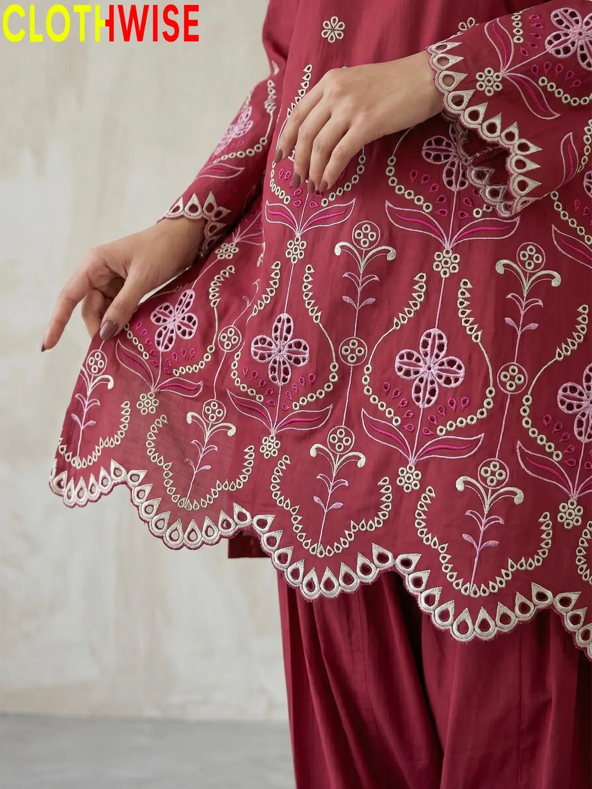 Adaa Laser Embroidered 2-Piece Lawn Co-ord Set – Maroon - Pakistani Women Pret | CLOTHWISE
