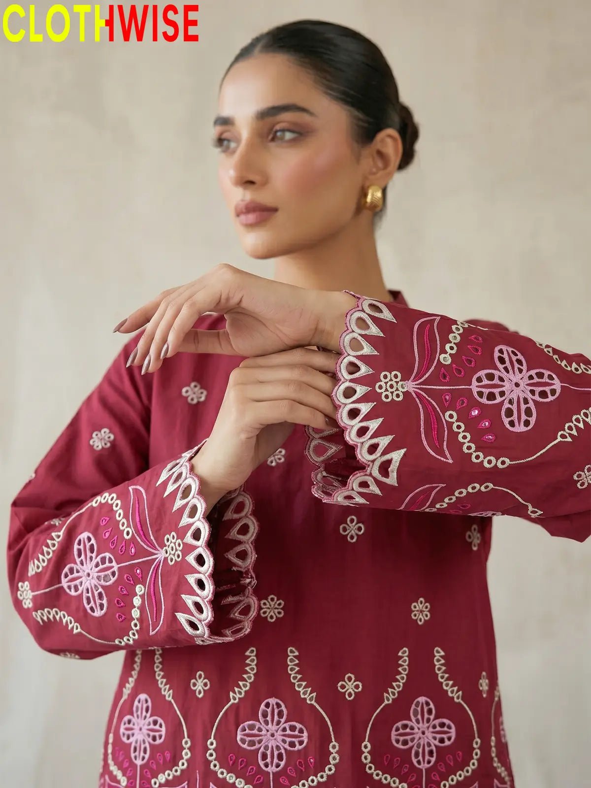 Adaa Laser Embroidered 2-Piece Lawn Co-ord Set – Maroon - Pakistani Women Pret | CLOTHWISE