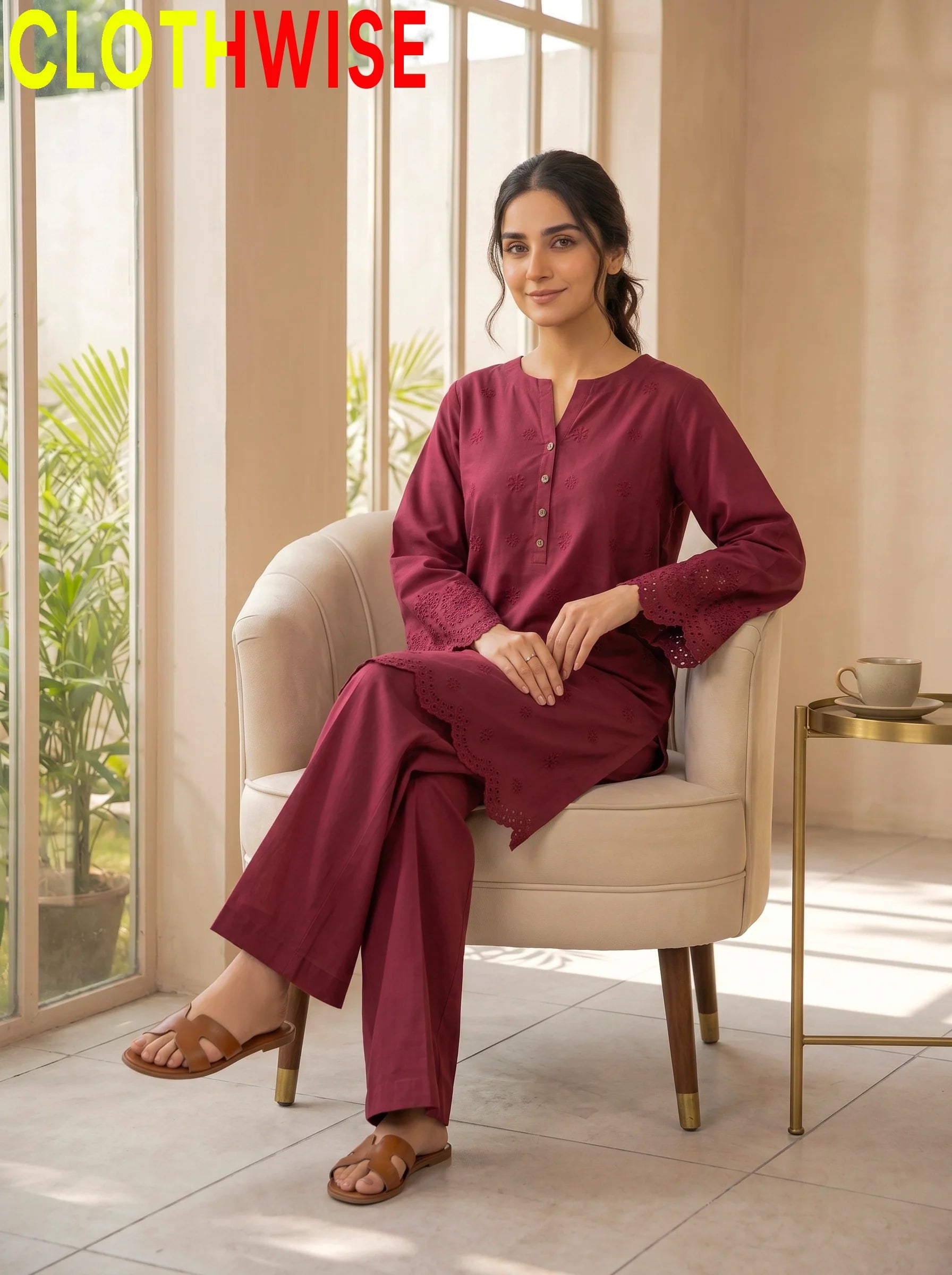 Tabeer 2-Piece Embroidered Cotton Suit for Women – Maroon - Pakistani Women Pret | CLOTHWISE