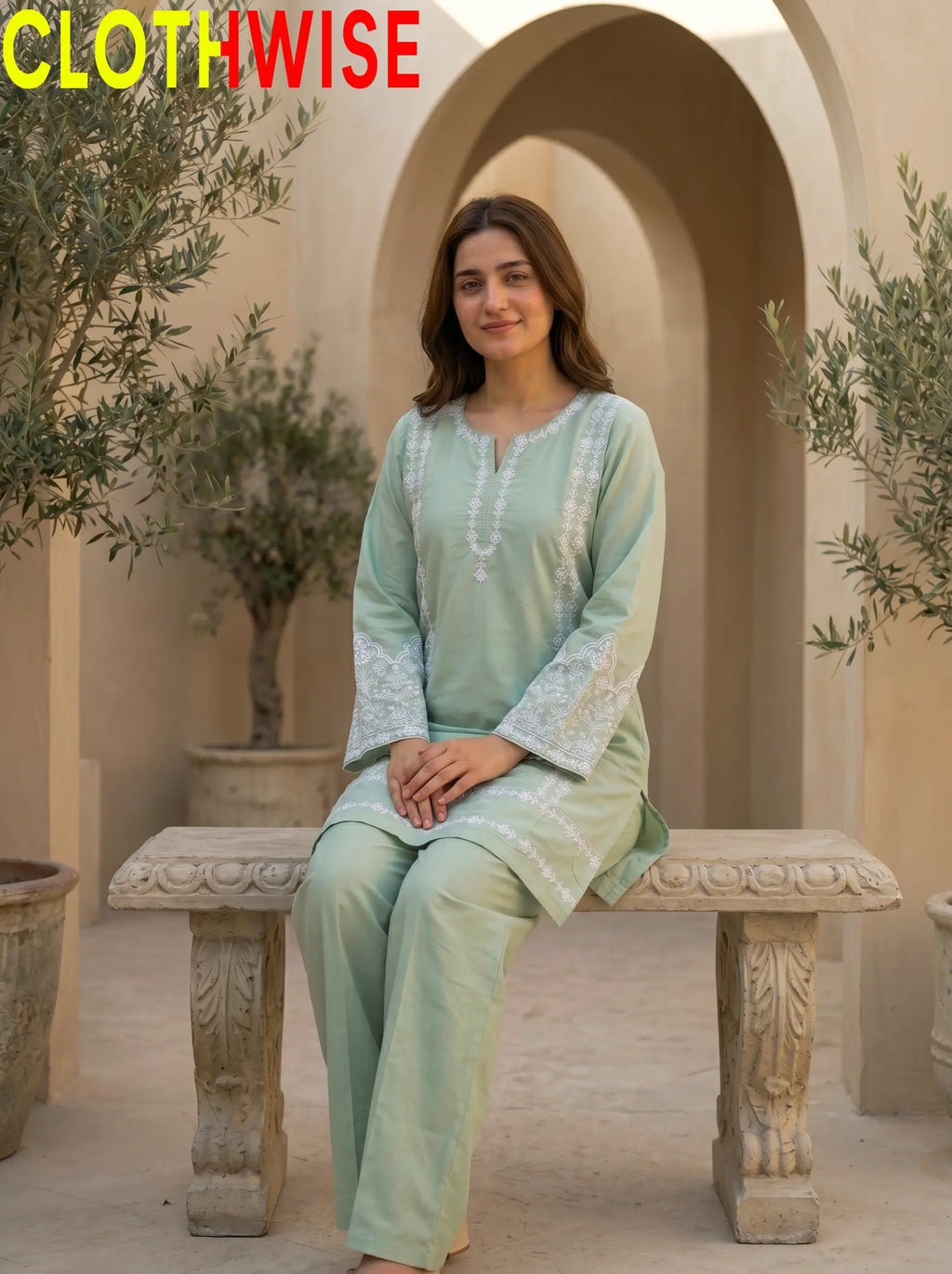 Aina Cotton 2-Piece Embroidered Suit | Mint Green | Stitched Co-ord Set