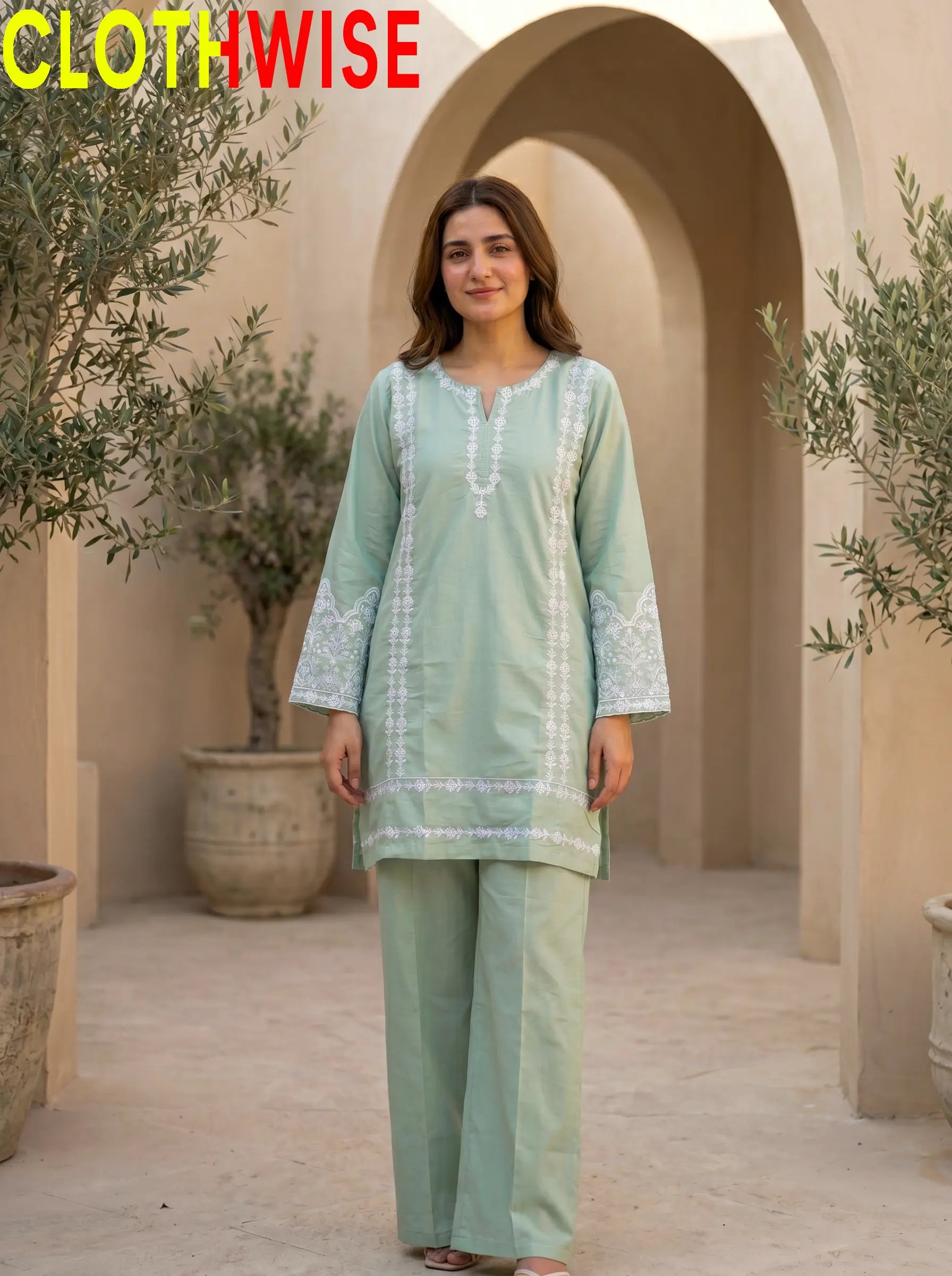 Aina Cotton 2-Piece Embroidered Suit | Mint Green | Stitched Co-ord Set