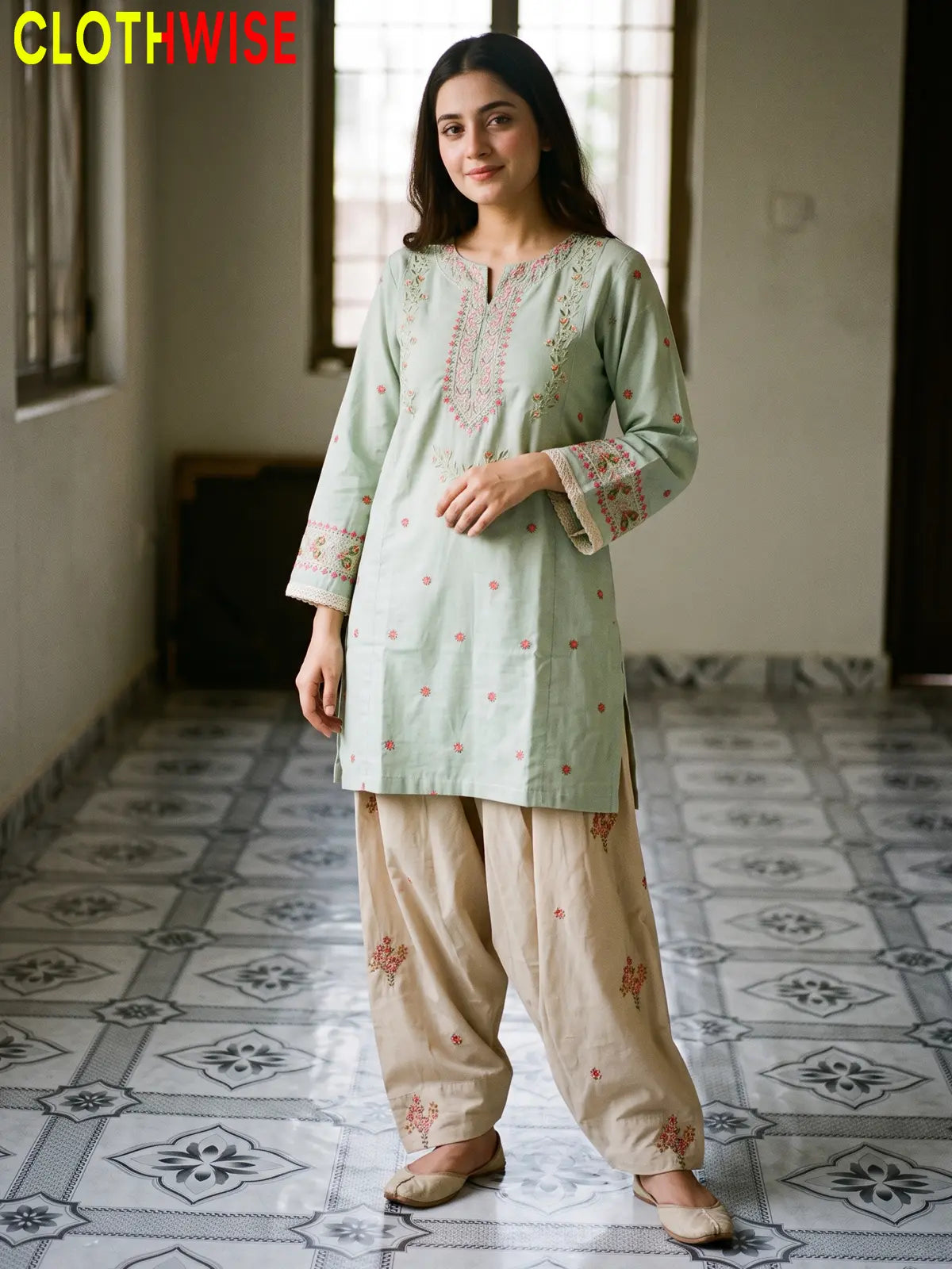 Noor – Embroidered Cotton Kurta with Floral Farshi Shalwar | 2Pc Stitched Suit