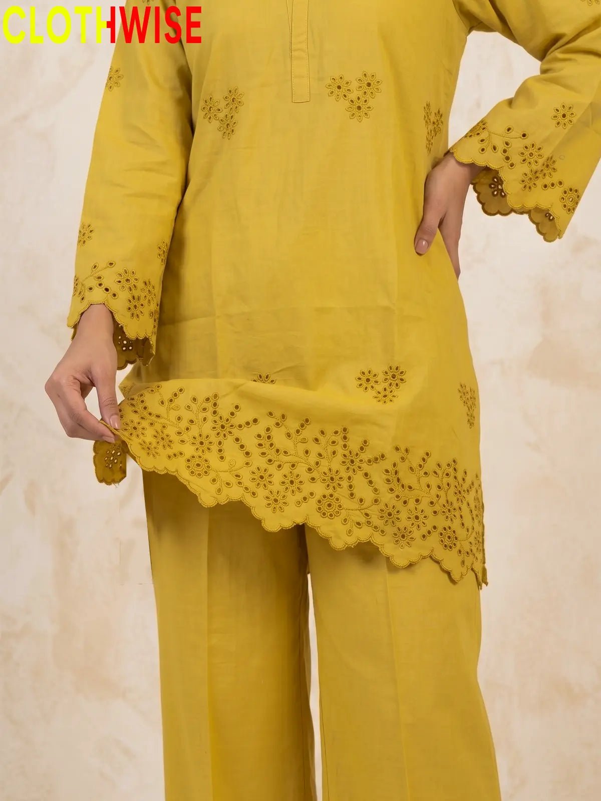 Zimal Mustard Yellow Cotton Co-ord Set - Chiken Kari Embroidered 2Pc Suit - Pakistani Women Pret | CLOTHWISE