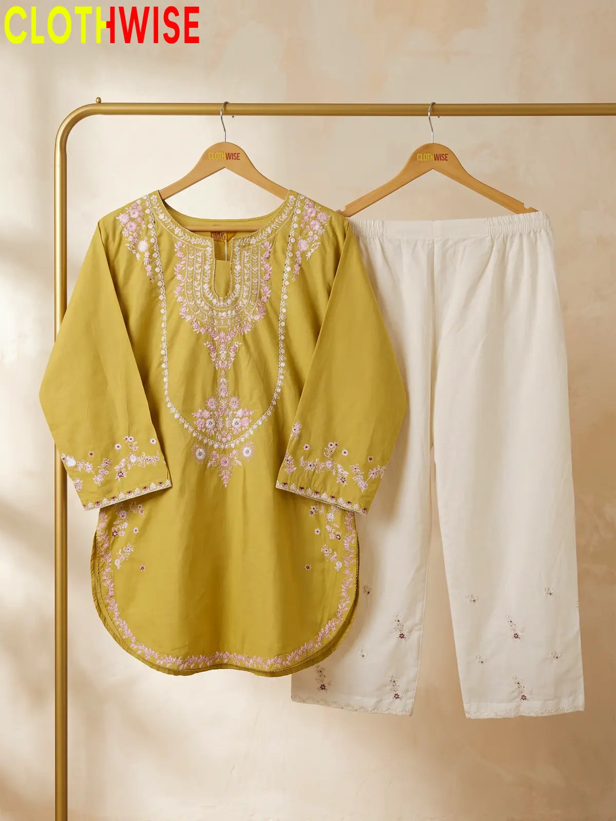 Zeenat Mustard 2-piece sequin embroidered suit - hanger display