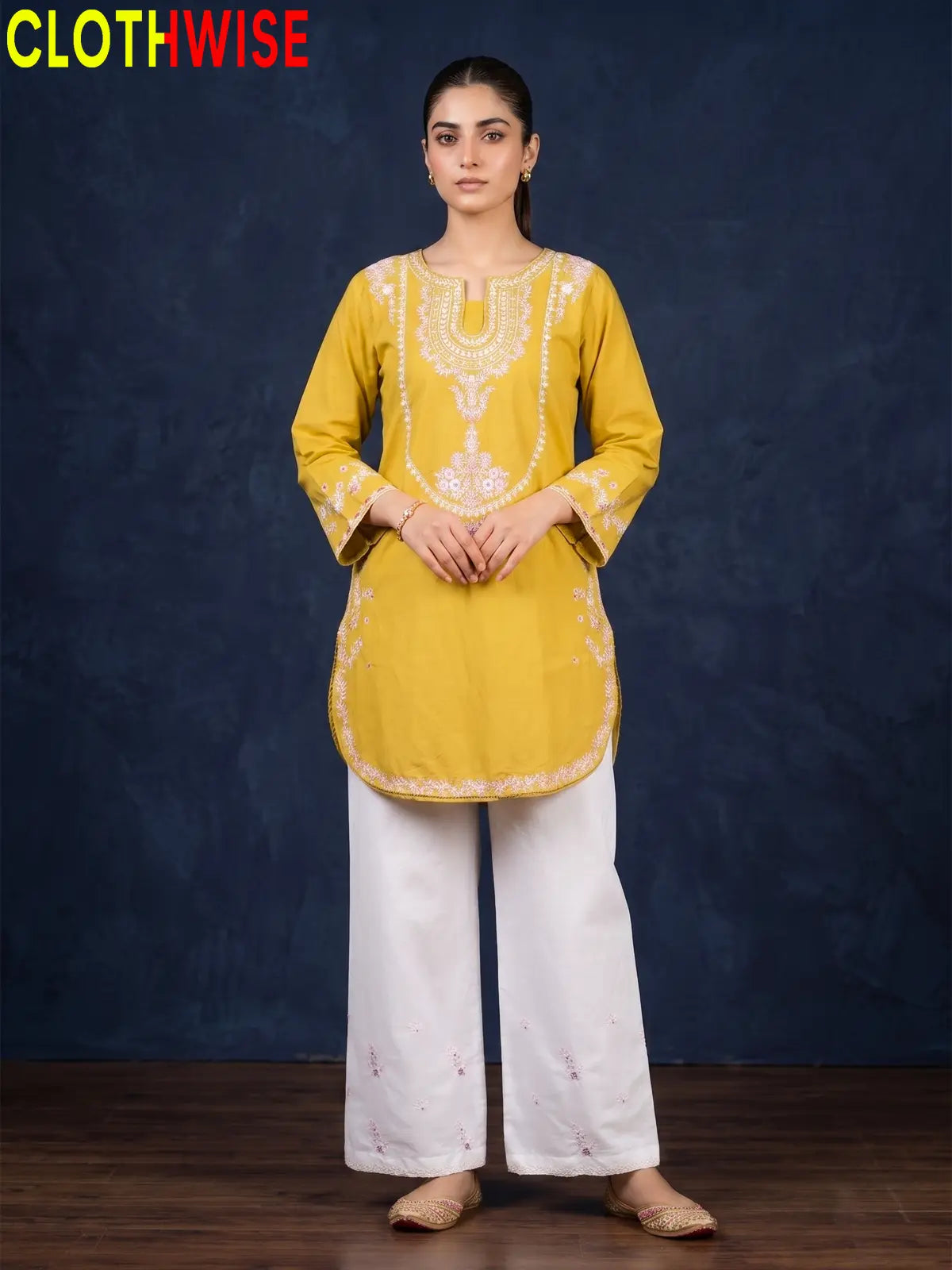 Zeenat Mustard 2-piece sequin embroidered suit - front standing view