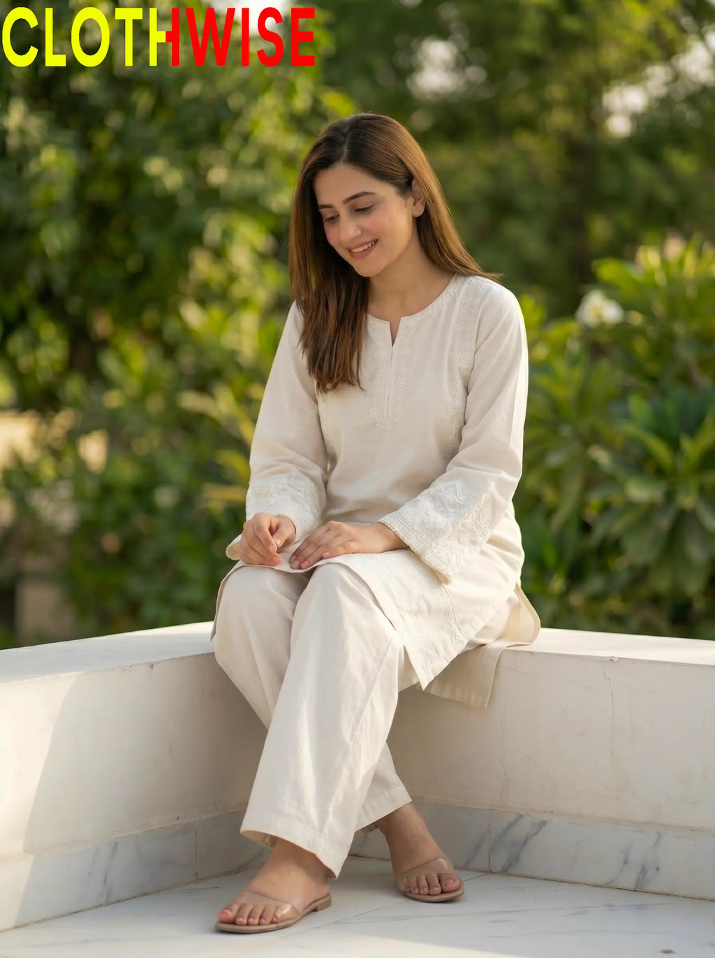 Aina Cotton 2-Piece Embroidered Suit | Off White | Stitched Co-ord Set