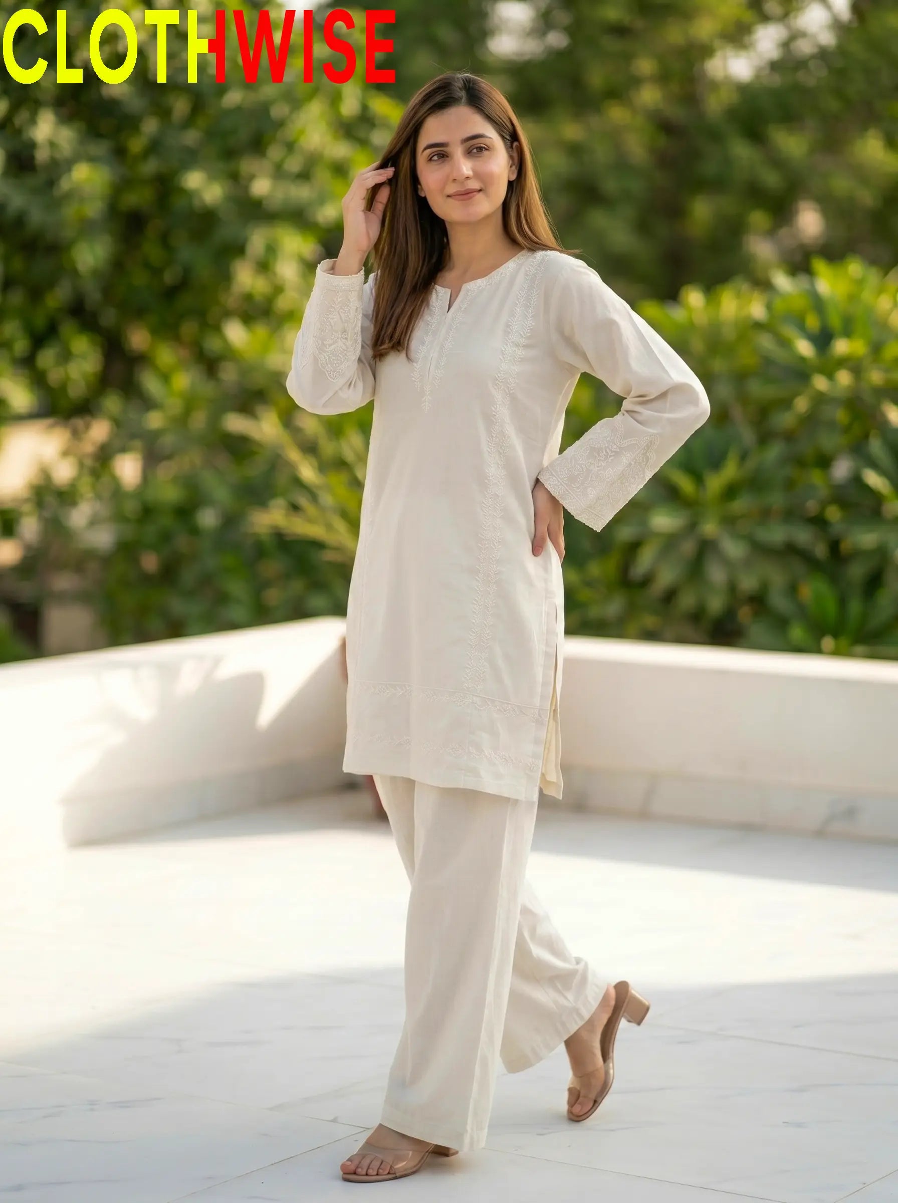 Aina Cotton 2-Piece Embroidered Suit | Off White | Stitched Co-ord Set