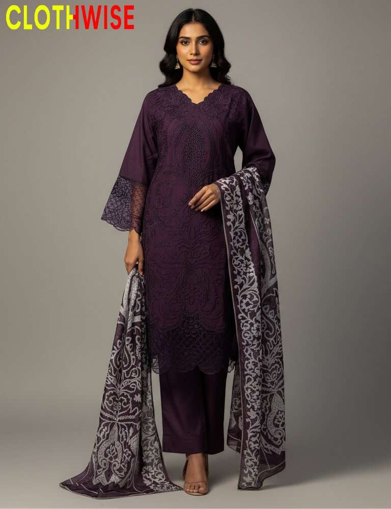 Woman wearing a purple traditional outfit with a matching dupatta on a gray background, branded 'CLOTHWISE'.