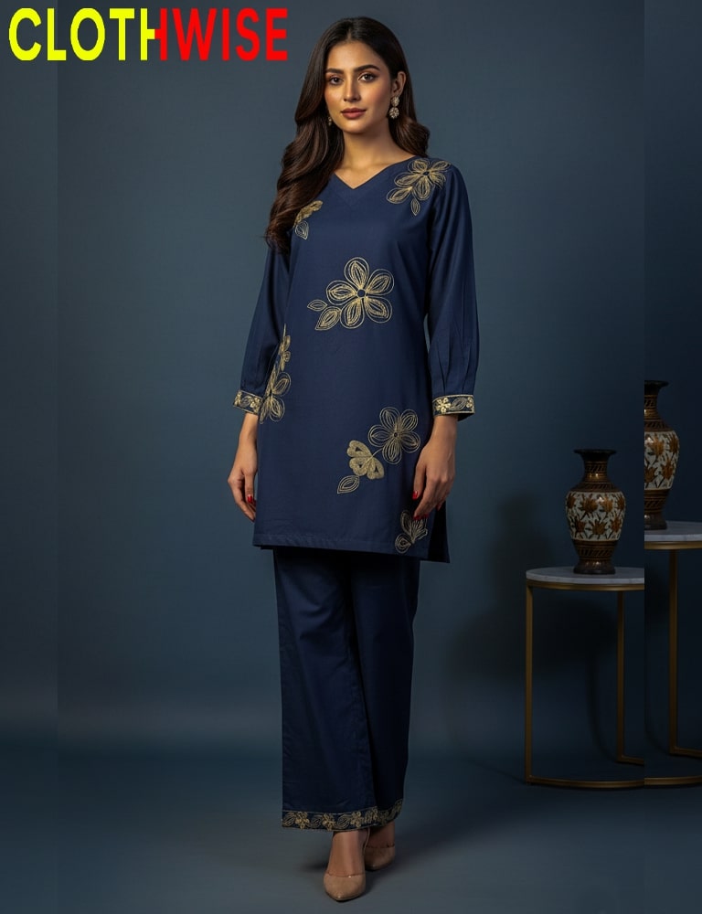 Woman wearing a navy blue outfit with floral embroidery, standing against a dark blue background with 'ClothWise' branding.
