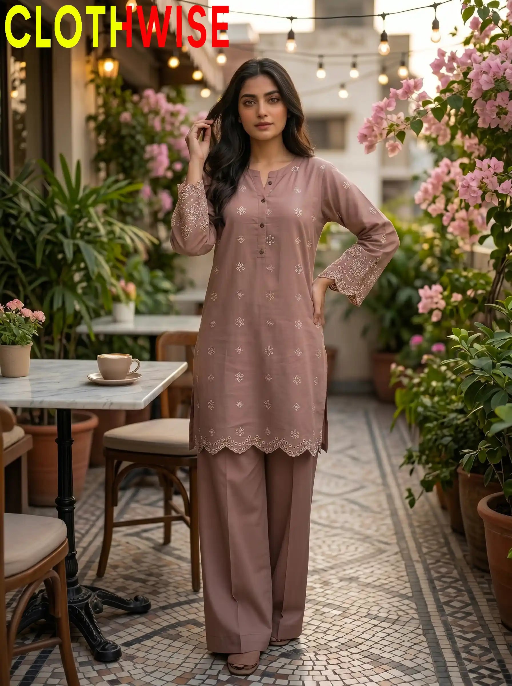 Tabeer 2-piece printed cotton suit Rose Brown – standing front view | Clothwise