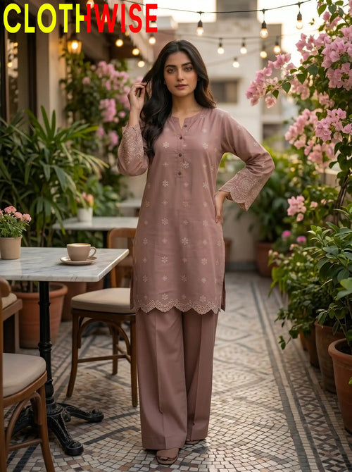 Tabeer 2-piece printed cotton suit Rose Brown – standing front view | Clothwise