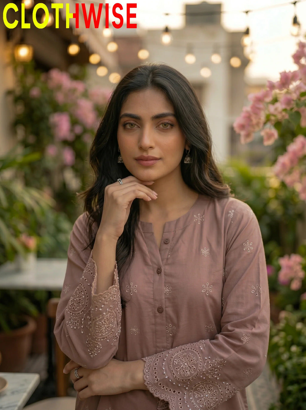 Tabeer Rose Brown suit close-up of chikankari embroidery and cutwork daman detailing | Clothwise