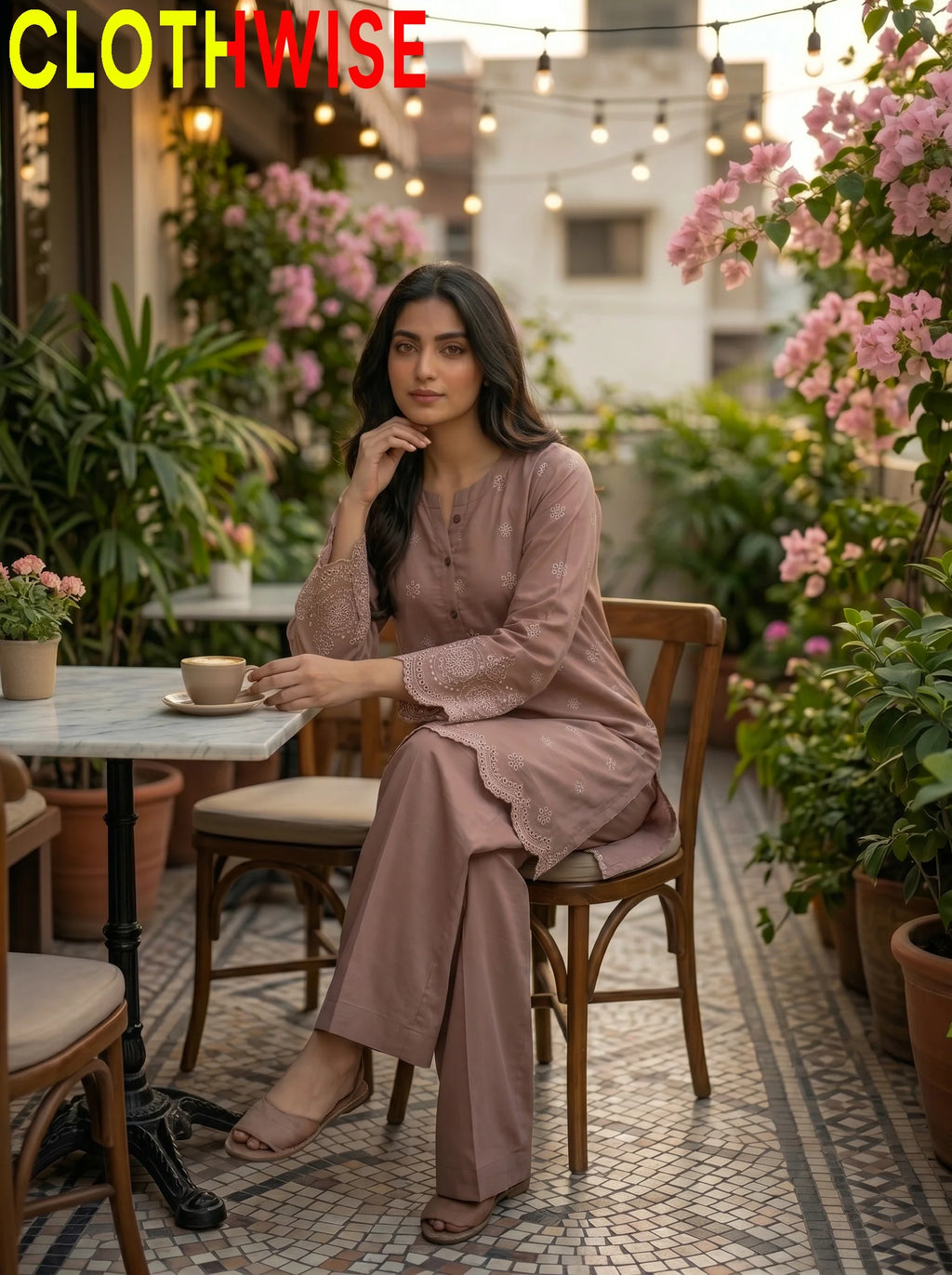 Tabeer Rose Brown suit sitting pose showing flapper bottom and chikankari embroidery | Clothwise
