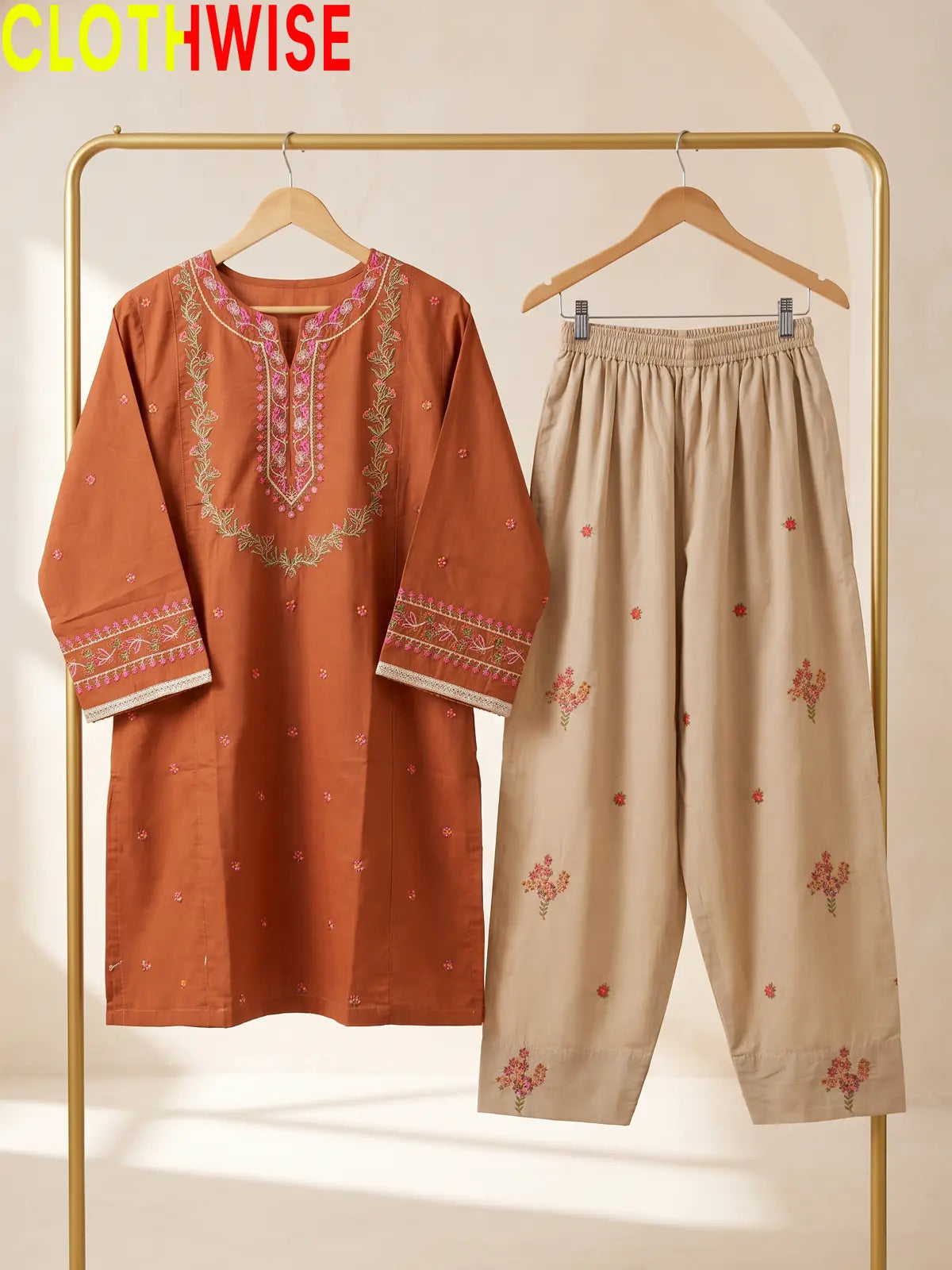 Noor – Embroidered Cotton Kurta with Floral Farshi Shalwar | 2Pc Stitched Suit