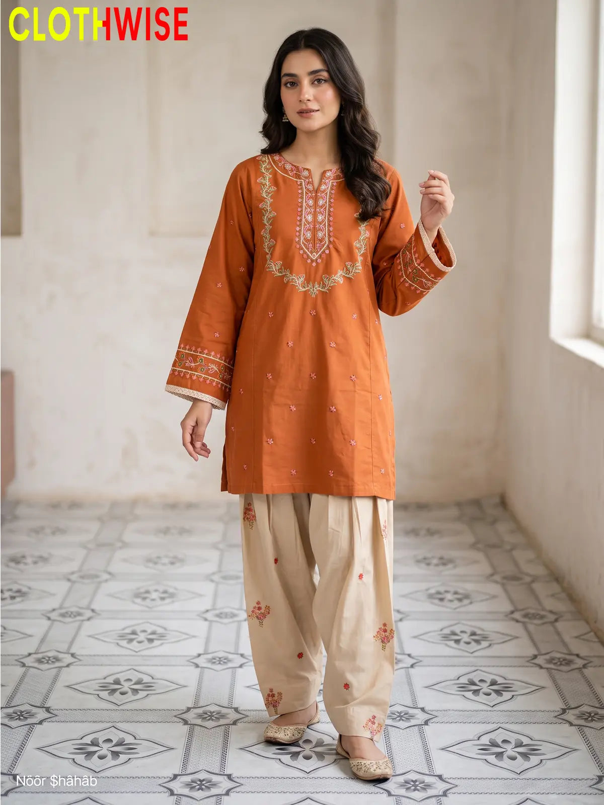 Noor – Embroidered Cotton Kurta with Floral Farshi Shalwar | 2Pc Stitched Suit