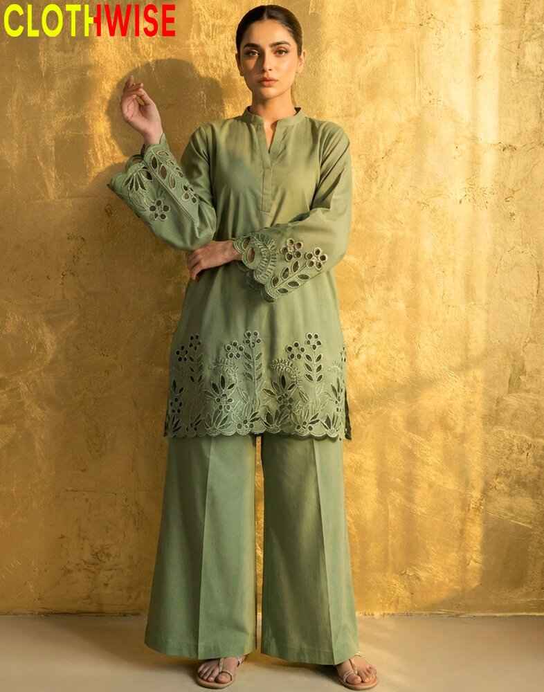 Flora Reign Sage Green | Sage Green Cutwork Floral 2-Piece Kurti & Palazzo Set