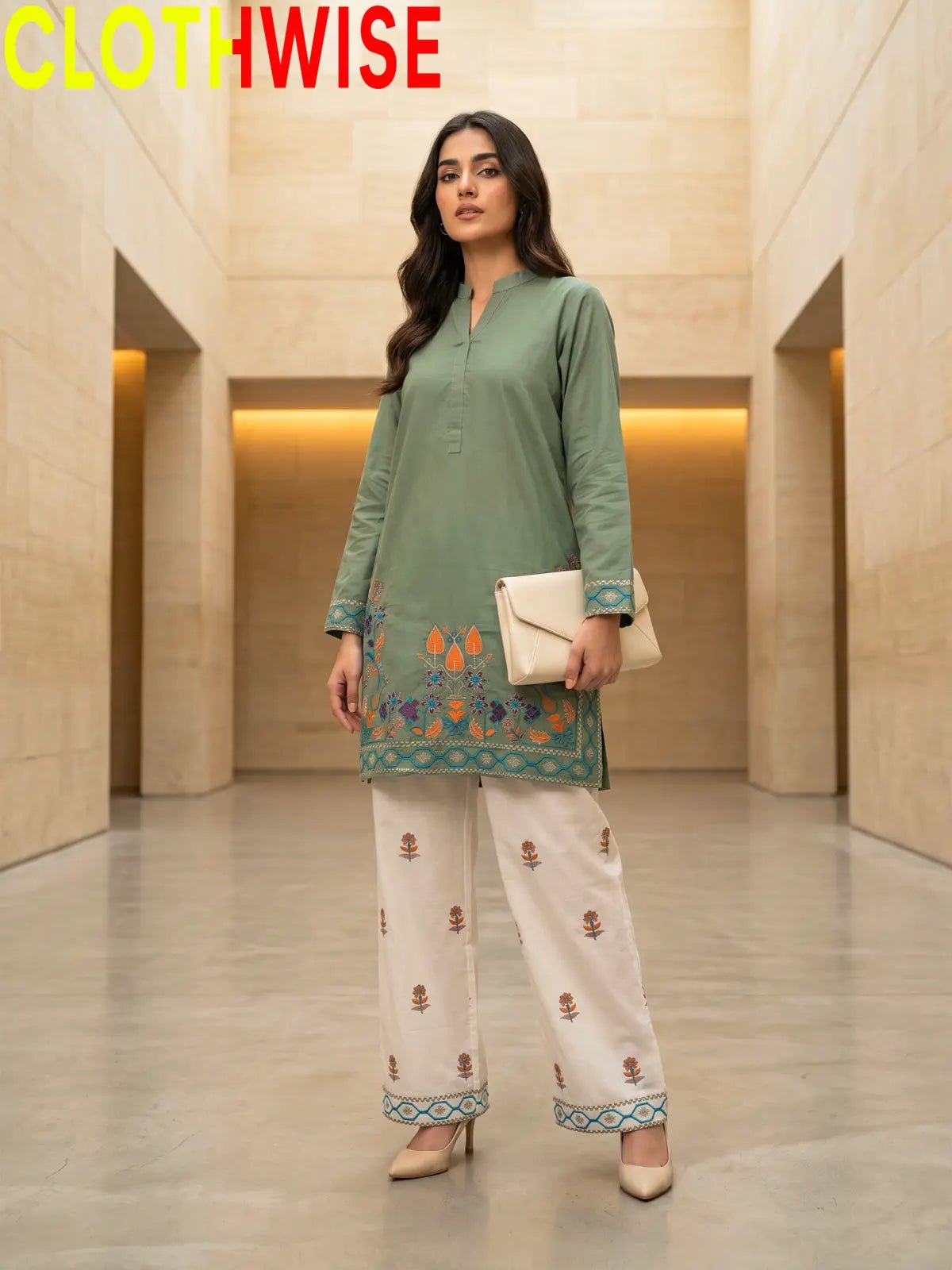 Shajar – Sage Green 2-Piece Stitched Cotton Suit | Embroidered Top & Bottom with Flapper - Pakistani Women Pret | CLOTHWISE