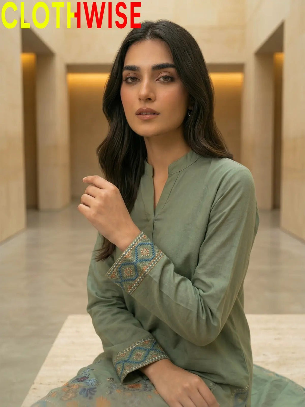 Shajar – Sage Green 2-Piece Stitched Cotton Suit | Embroidered Top & Bottom with Flapper - Pakistani Women Pret | CLOTHWISE