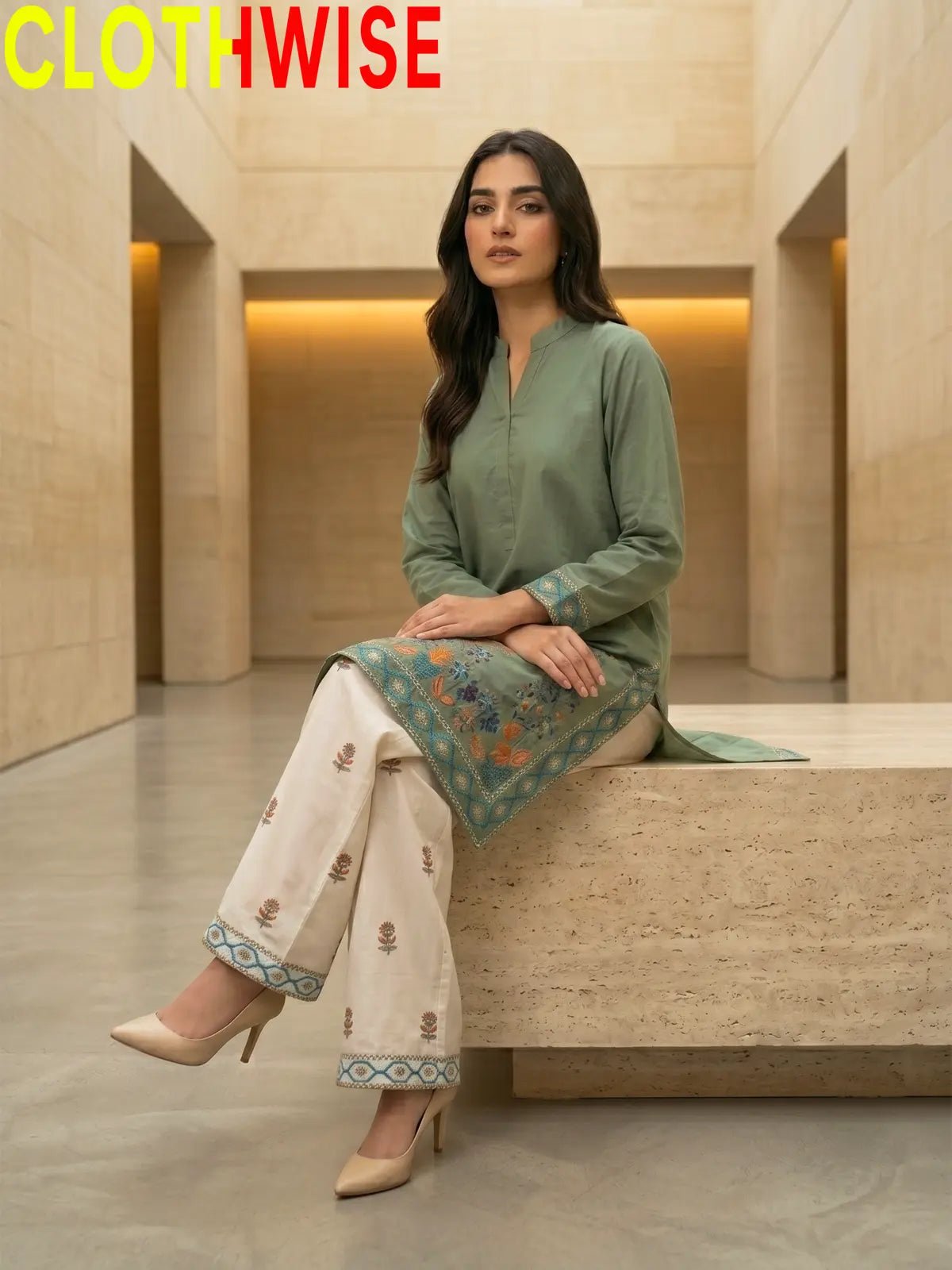Shajar – Sage Green 2-Piece Stitched Cotton Suit | Embroidered Top & Bottom with Flapper - Pakistani Women Pret | CLOTHWISE