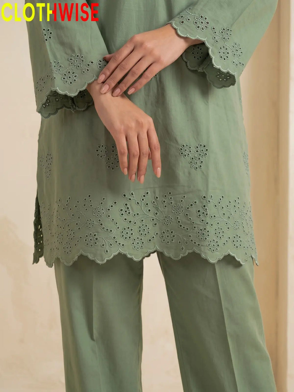Zimal Sage Green Cotton Co-ord Set - Chiken Kari Embroidered 2Pc Suit - Pakistani Women Pret | CLOTHWISE