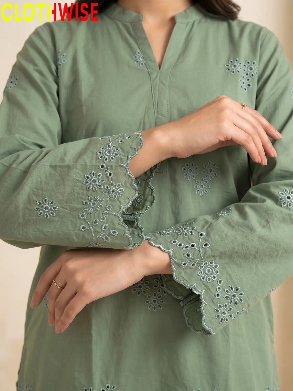 Zimal Sage Green Cotton Co-ord Set - Chiken Kari Embroidered 2Pc Suit - Pakistani Women Pret | CLOTHWISE