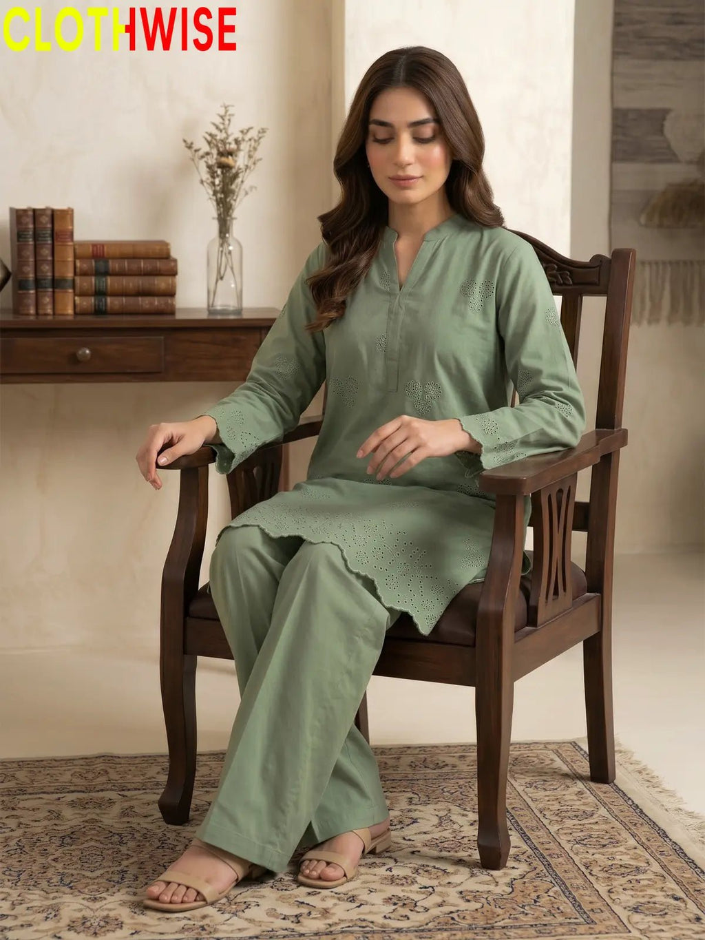 Zimal Sage Green Cotton Co-ord Set - Chiken Kari Embroidered 2Pc Suit - Pakistani Women Pret | CLOTHWISE