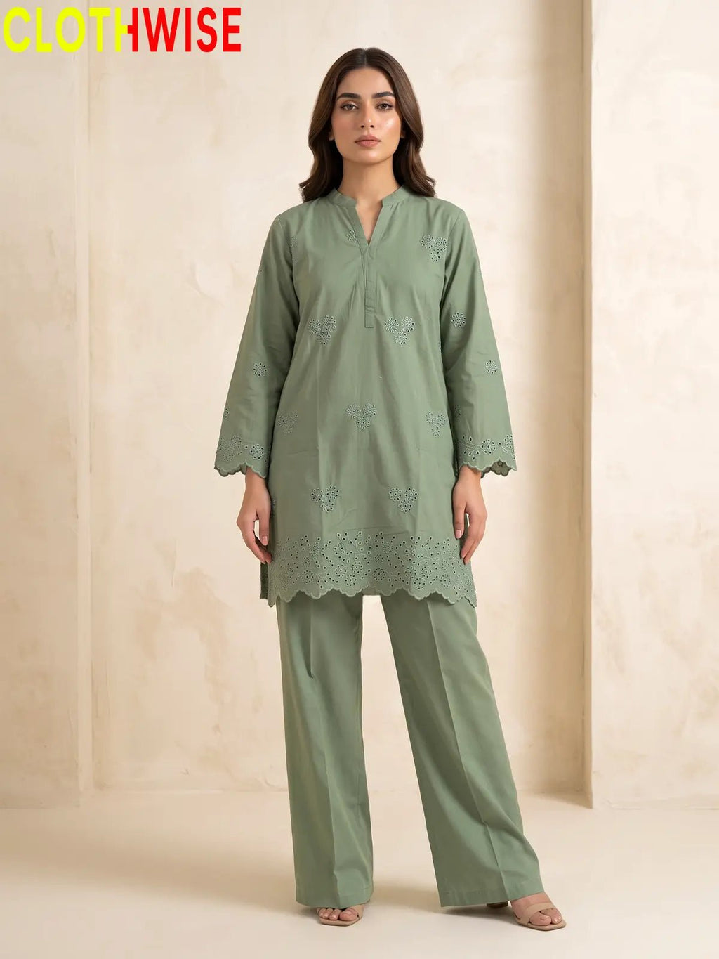 Zimal Sage Green Cotton Co-ord Set - Chiken Kari Embroidered 2Pc Suit - Pakistani Women Pret | CLOTHWISE