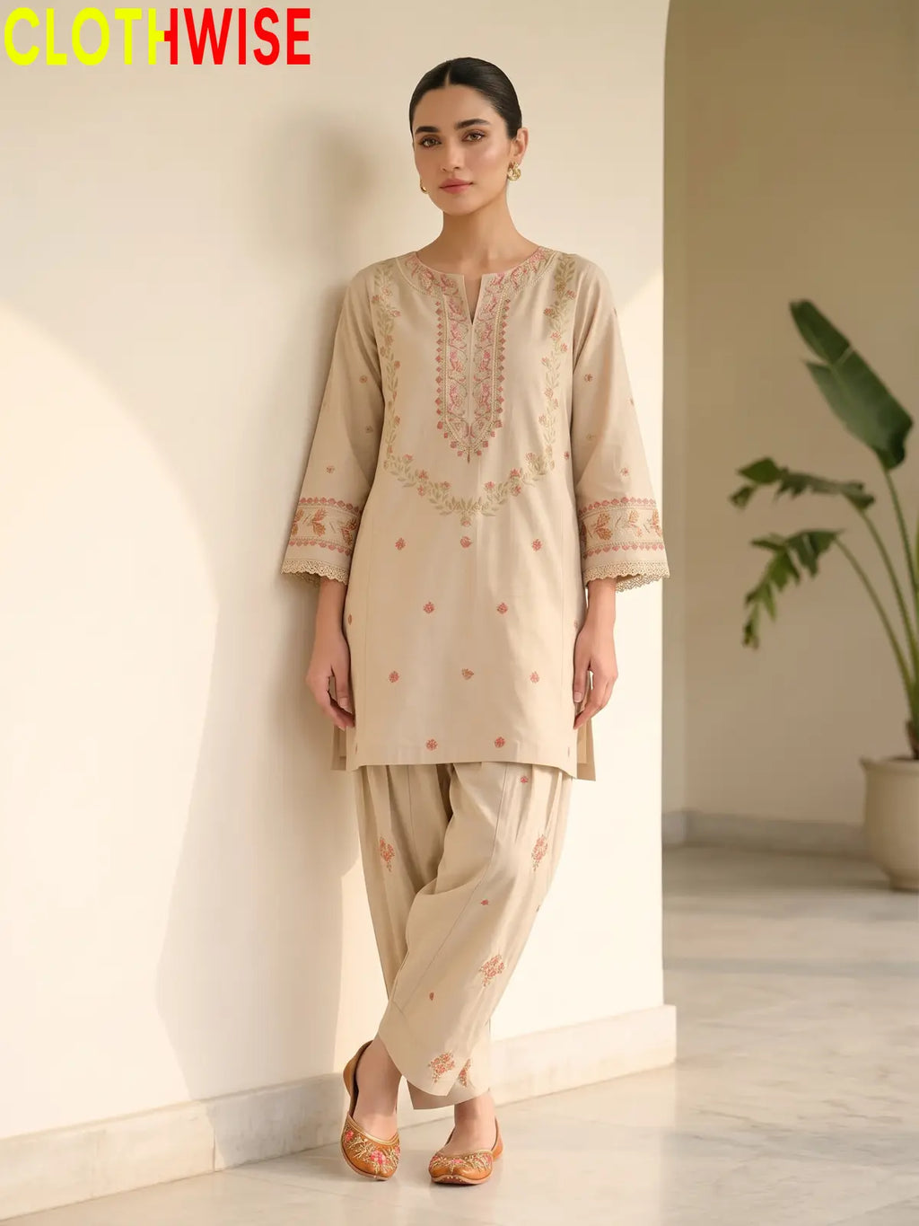 Noor – Embroidered Cotton Kurta with Floral Farshi Shalwar | 2Pc Stitched Suit