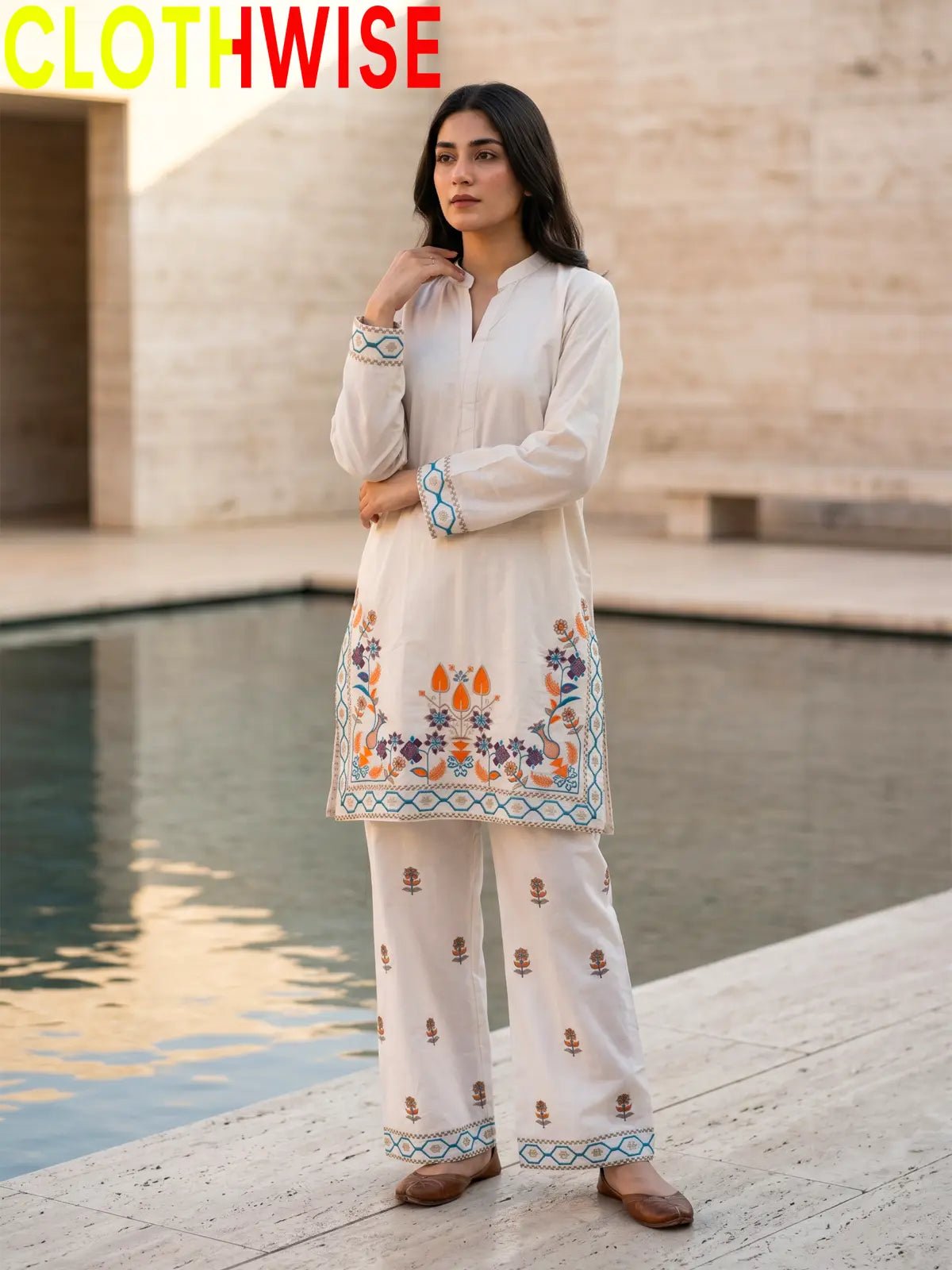 Shajar – Skin 2-Piece Stitched Cotton Suit | Embroidered Top & Bottom with Flapper - Pakistani Women Pret | CLOTHWISE