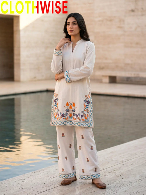 Shajar – Skin 2-Piece Stitched Cotton Suit | Embroidered Top & Bottom with Flapper - Pakistani Women Pret | CLOTHWISE