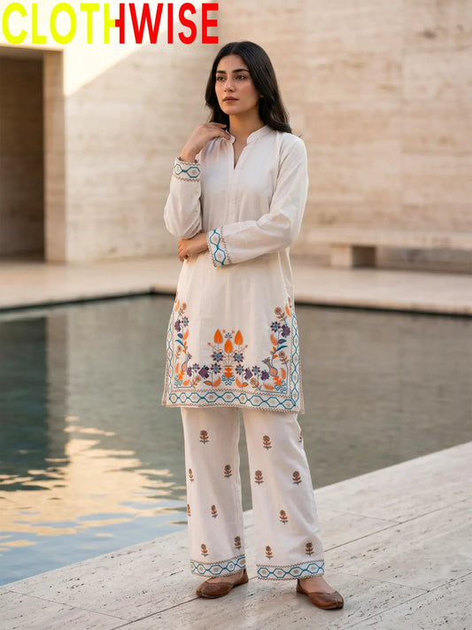 Shajar – Skin 2-Piece Stitched Cotton Suit | Embroidered Top & Bottom with Flapper - Pakistani Women Pret | CLOTHWISE