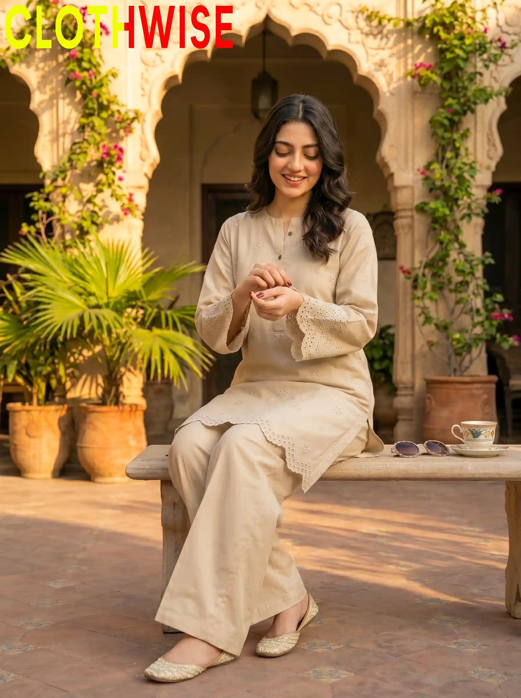 Tabeer Skin suit sitting pose showing flapper bottom and chikankari embroidery detail | Clothwise
