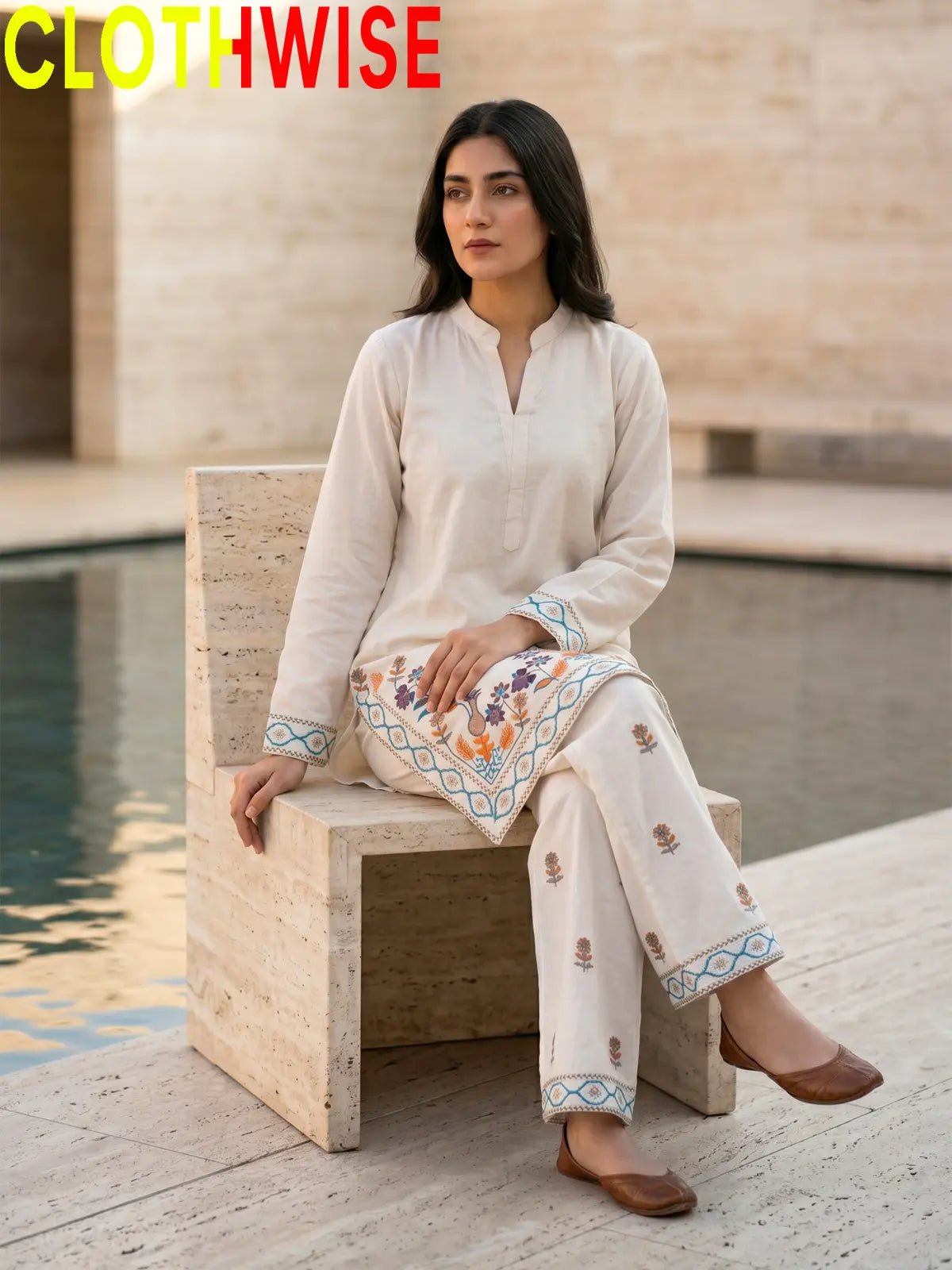 Shajar – Skin 2-Piece Stitched Cotton Suit | Embroidered Top & Bottom with Flapper - Pakistani Women Pret | CLOTHWISE