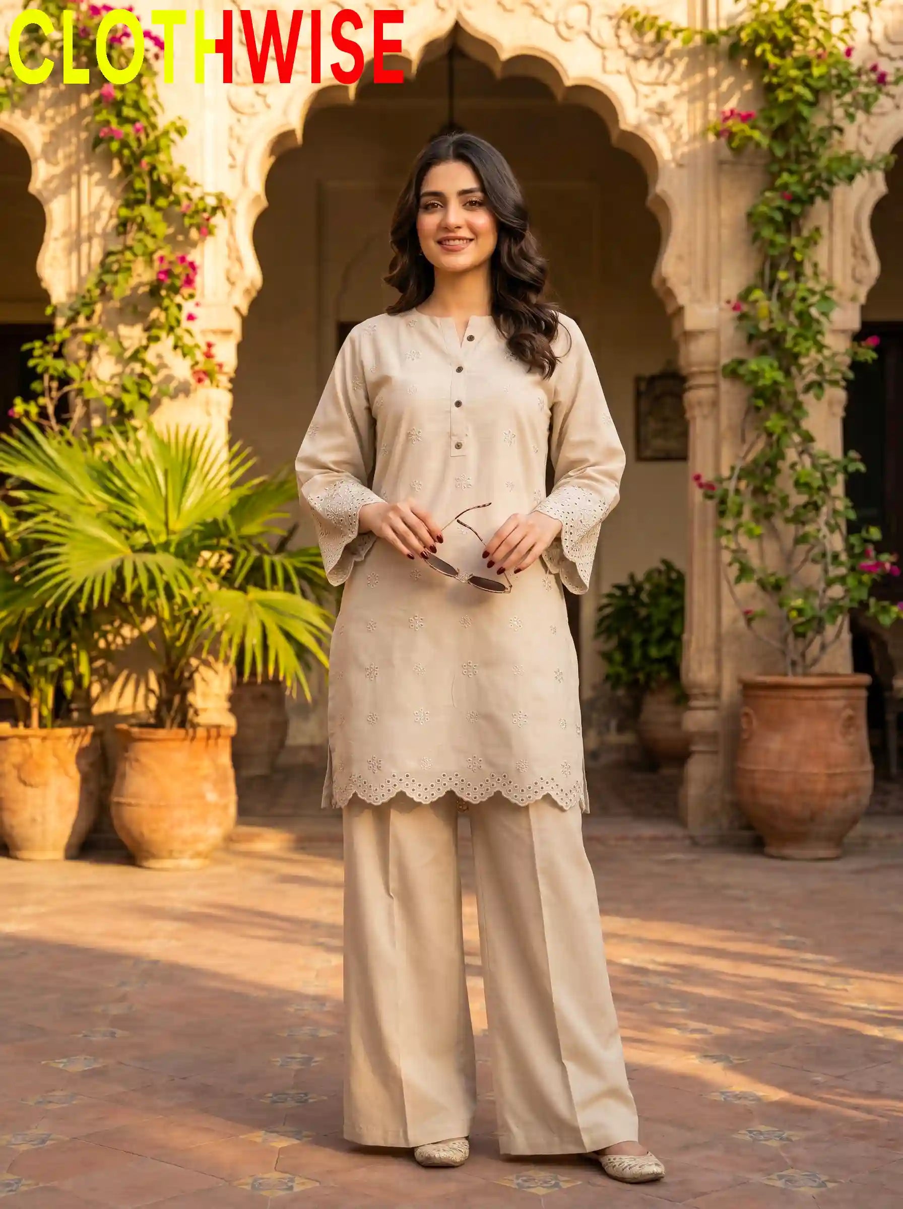 Tabeer 2-piece printed cotton suit Skin – standing front view | Clothwise
