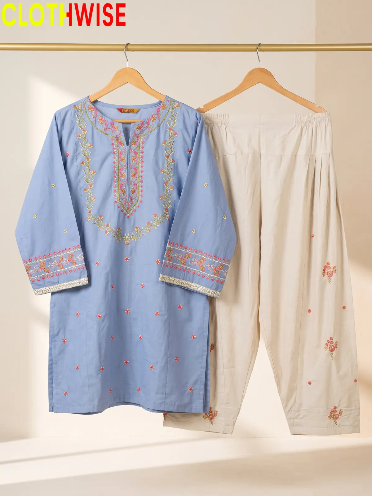 Noor – Embroidered Cotton Kurta with Floral Farshi Shalwar | 2Pc Stitched Suit