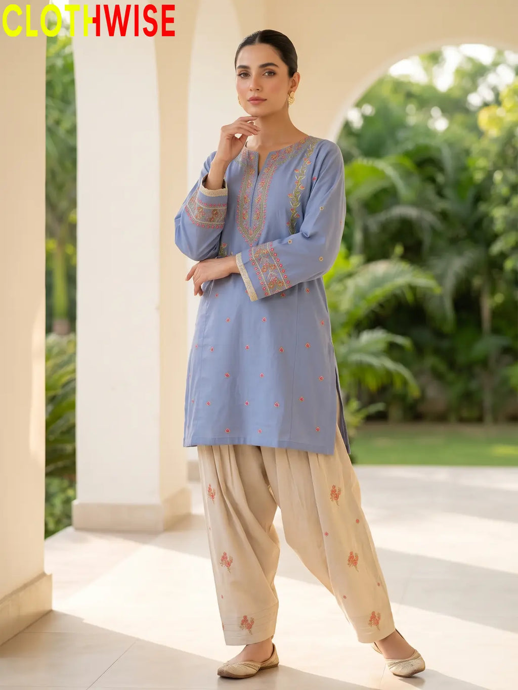 Noor – Embroidered Cotton Kurta with Floral Farshi Shalwar | 2Pc Stitched Suit