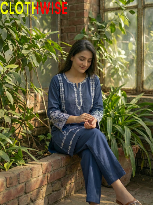 Aina Cotton 2-Piece Embroidered Suit | Slate Blue | Stitched Co-ord Set
