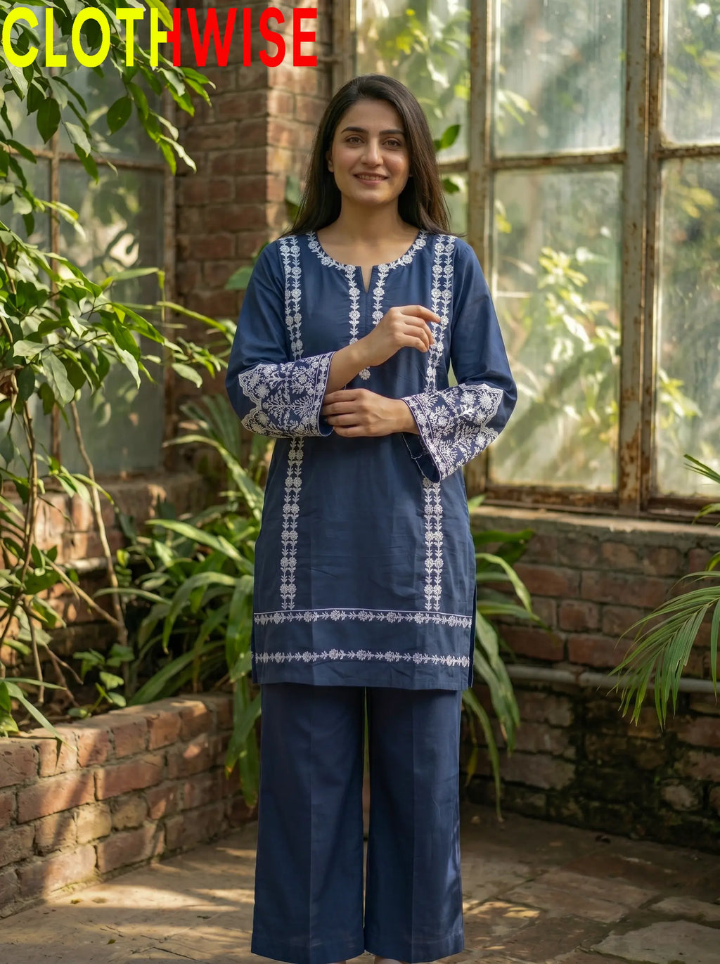 Aina Cotton 2-Piece Embroidered Suit | Slate Blue | Stitched Co-ord Set