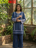 Aina Cotton 2-Piece Embroidered Suit | Slate Blue | Stitched Co-ord Set - Pakistani Women Pret | CLOTHWISE