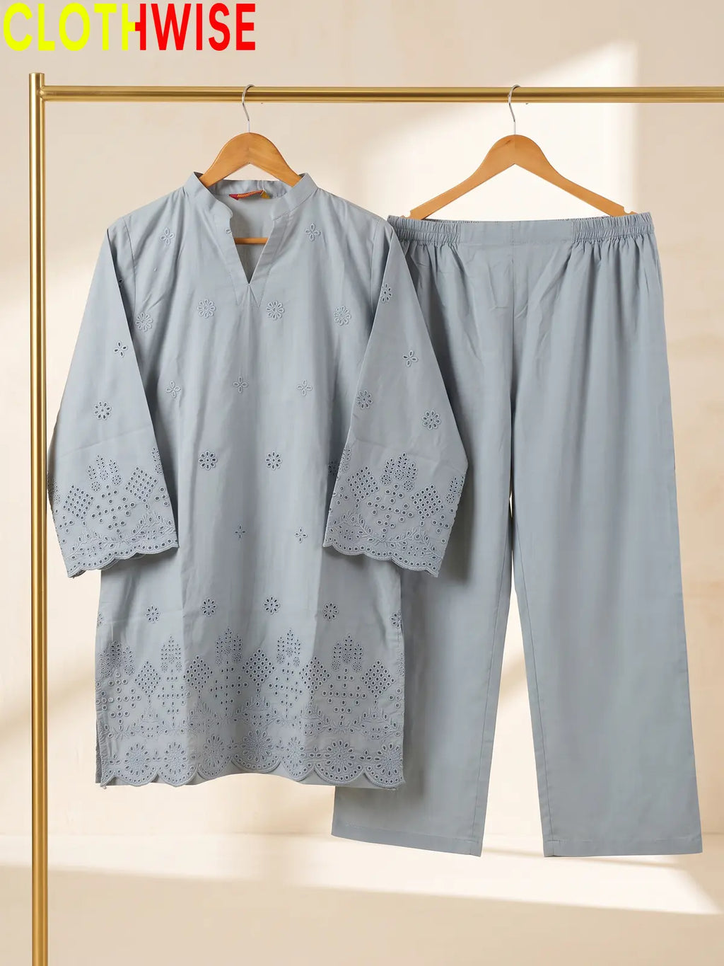 Hijr ChikanKari Eyelet Embroidered Scallop Hem 2 Piece Cotton Suit