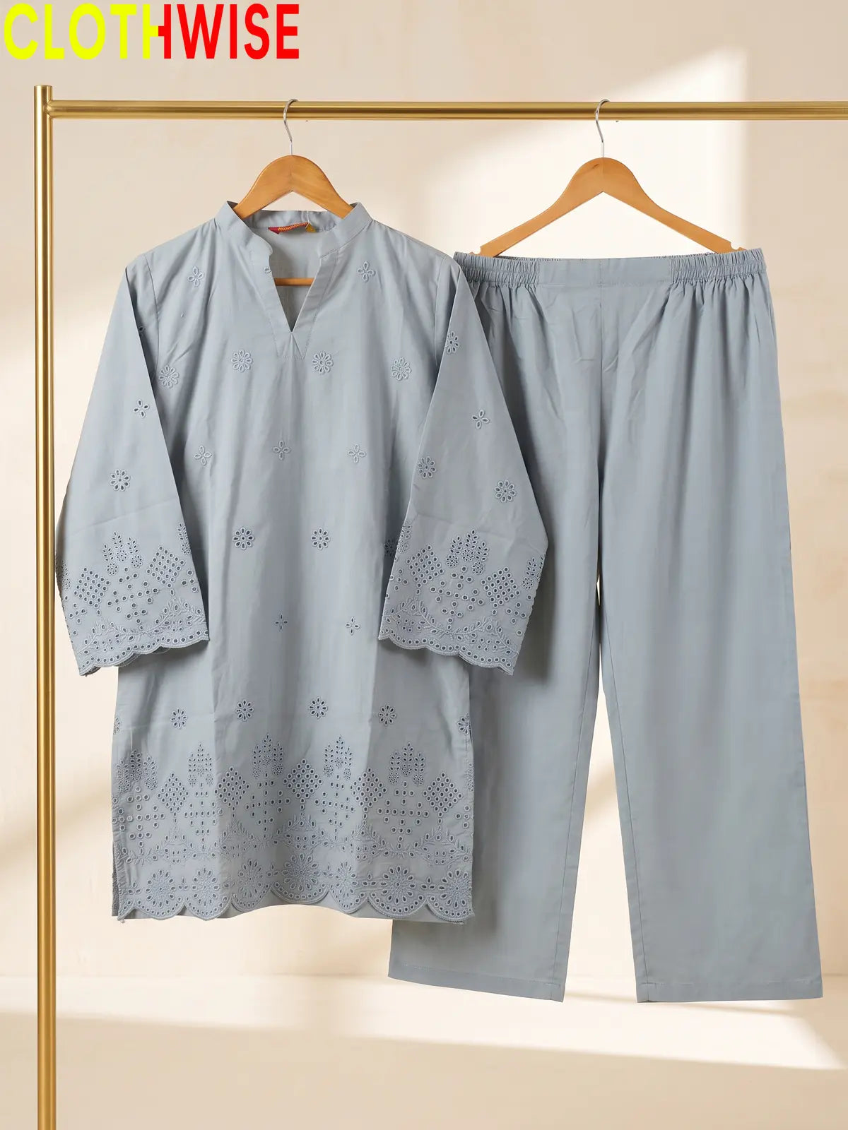 Hijr ChikanKari Eyelet Embroidered Scallop Hem 2 Piece Cotton Suit