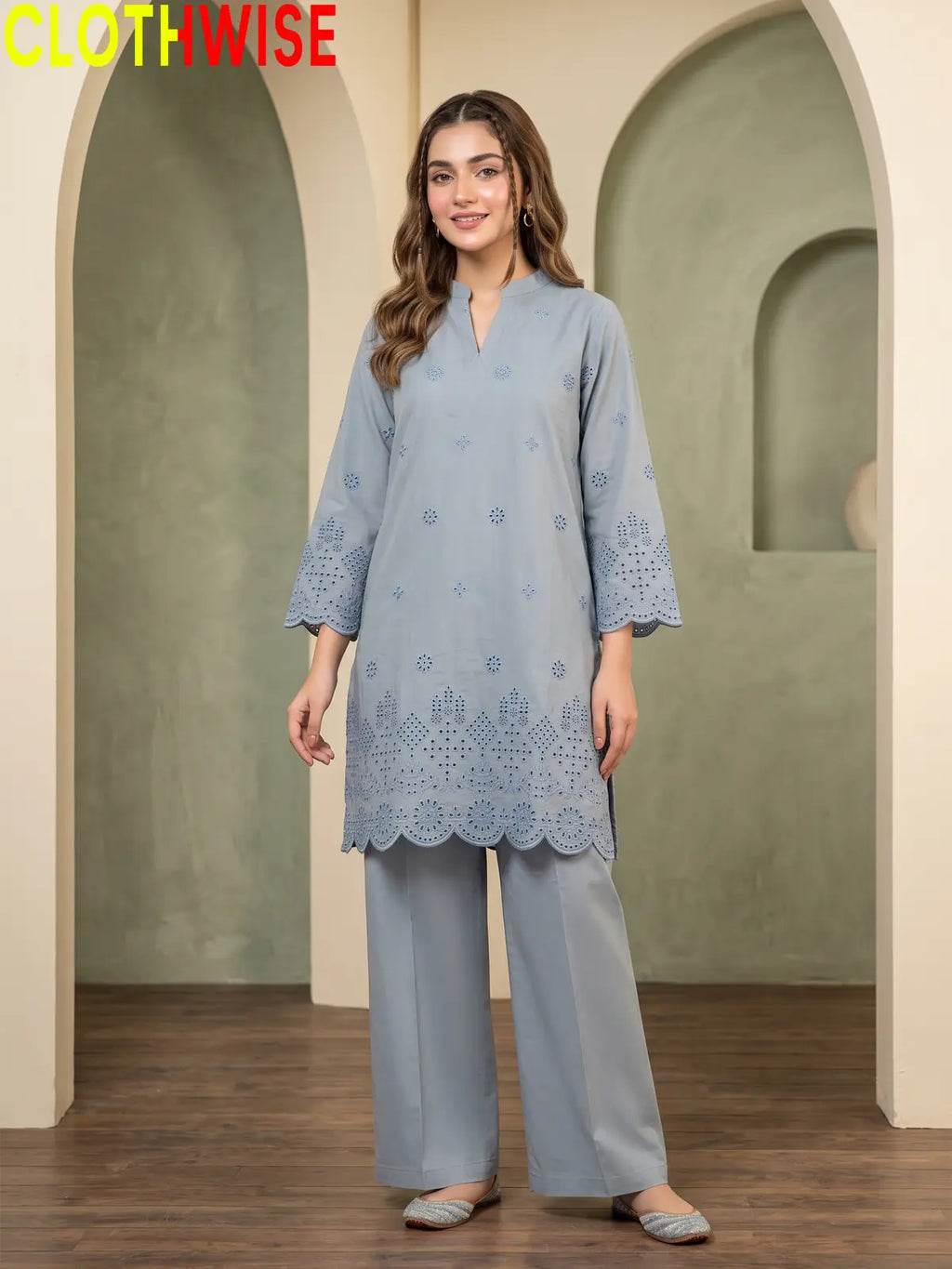 Hijr ChikanKari Eyelet Embroidered Scallop Hem 2 Piece Cotton Suit