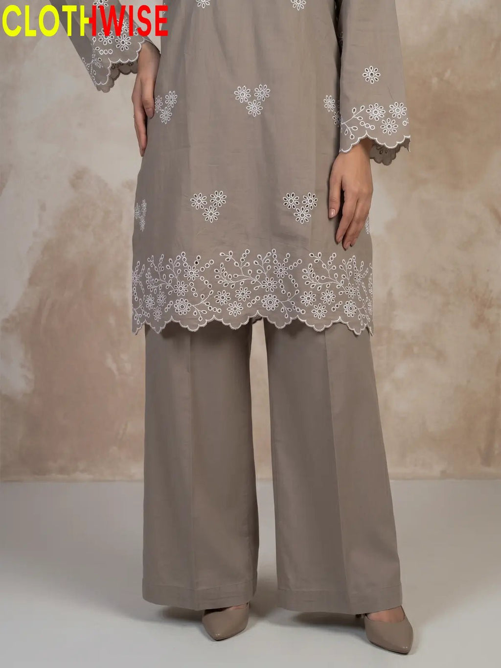 Zimal Taupe Grey Cotton Co-ord Set - Chiken Kari Embroidered 2Pc Suit - Pakistani Women Pret | CLOTHWISE