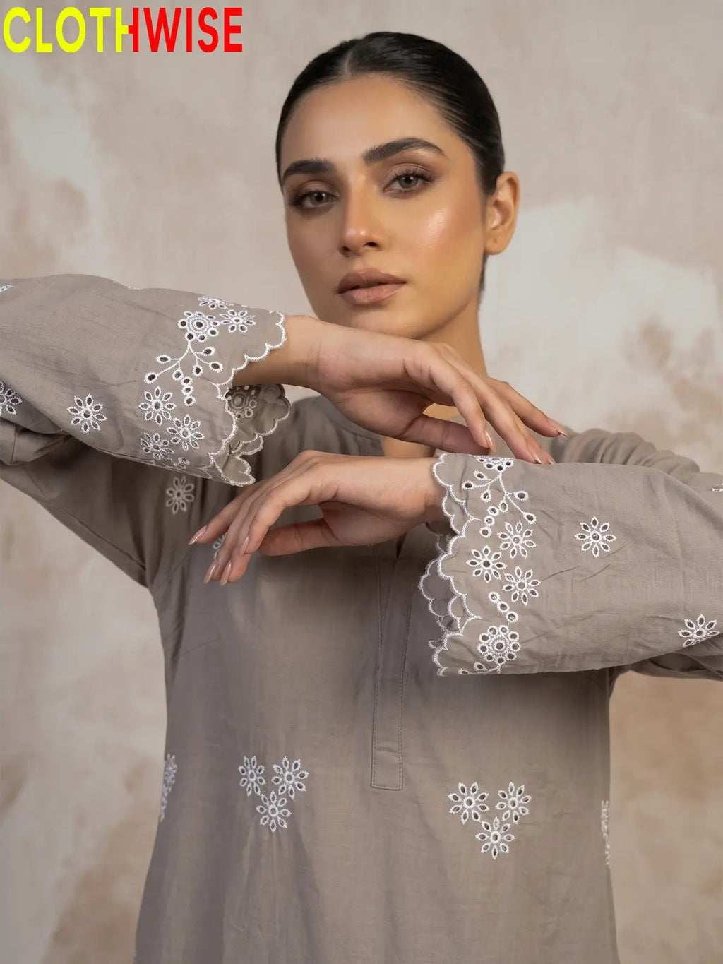 Zimal Taupe Grey Cotton Co-ord Set - Chiken Kari Embroidered 2Pc Suit - Pakistani Women Pret | CLOTHWISE