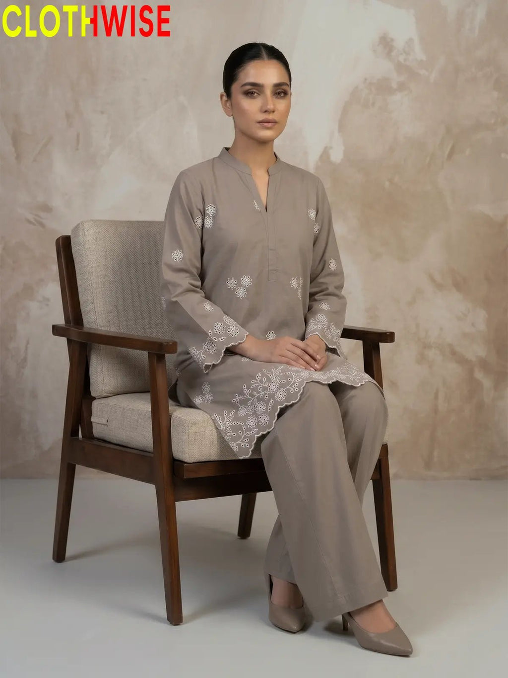 Zimal Taupe Grey Cotton Co-ord Set - Chiken Kari Embroidered 2Pc Suit - Pakistani Women Pret | CLOTHWISE