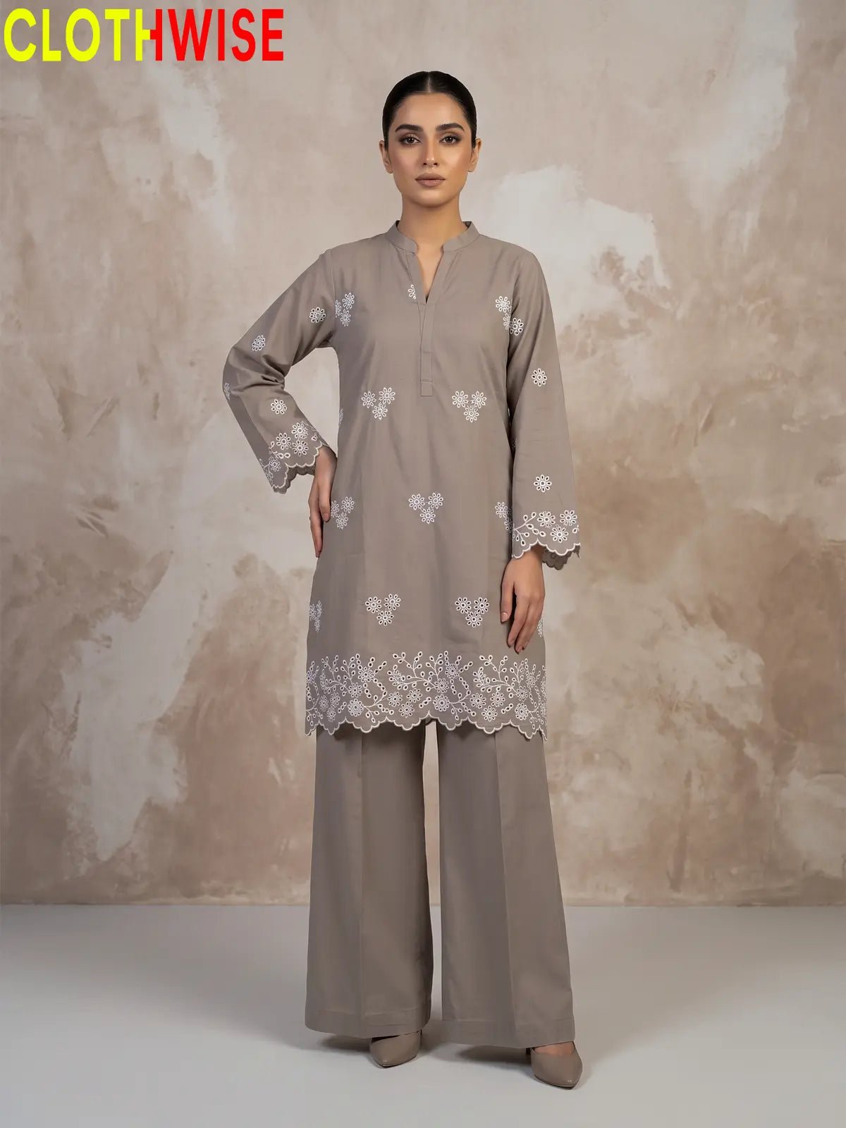 Zimal Taupe Grey Cotton Co-ord Set - Chiken Kari Embroidered 2Pc Suit - Pakistani Women Pret | CLOTHWISE