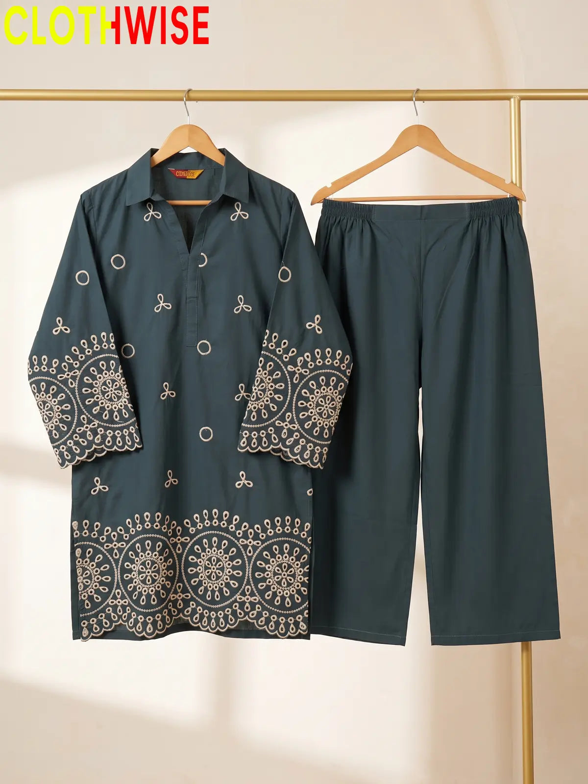 Deluxe – 2 Piece Embroidered Co-ord Set for Women | Collared Kurti with Scalloped Cutwork & Flapper